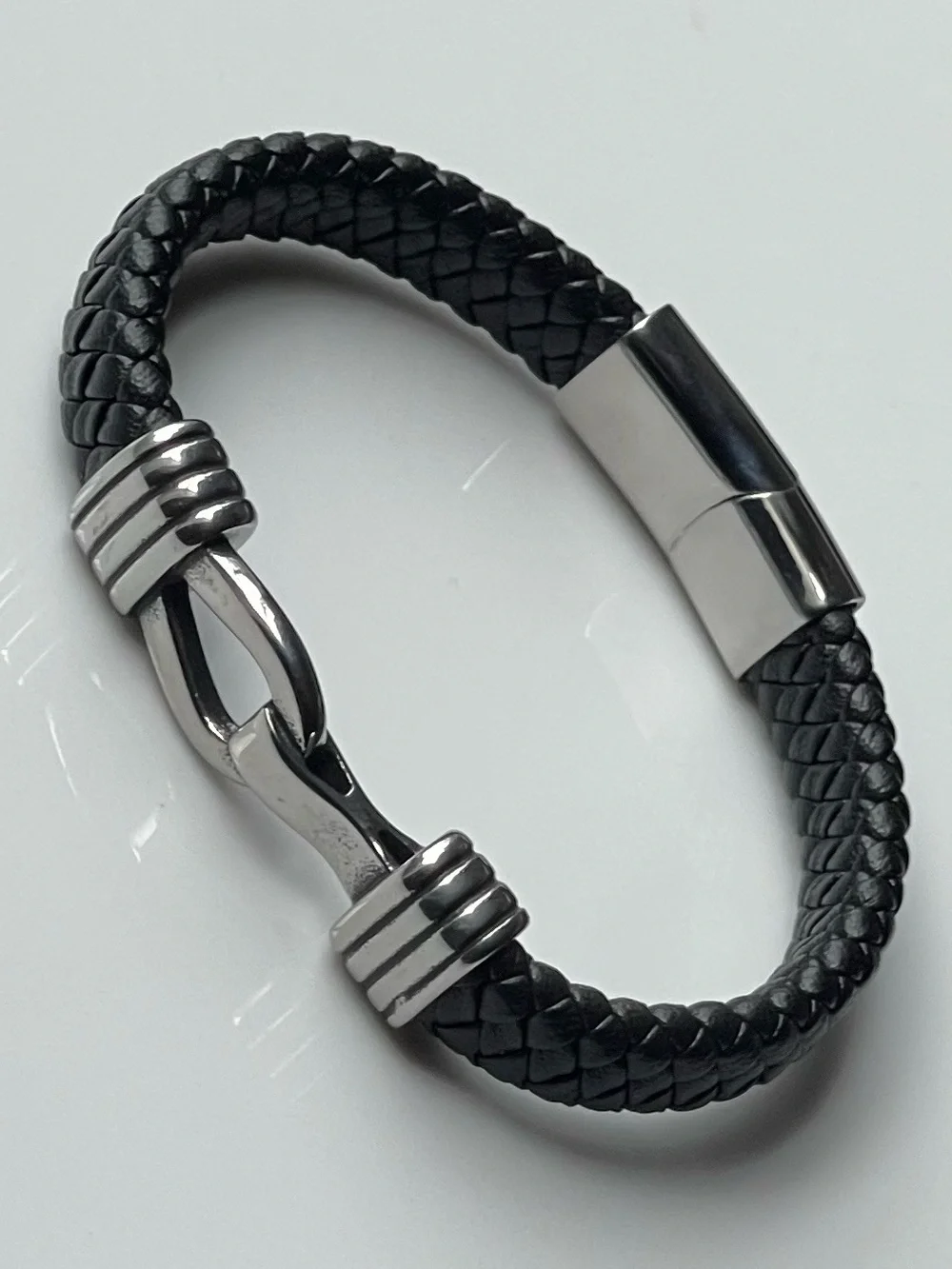 Black Braided Leather Bracelet with Silver Hook Clasp - Men